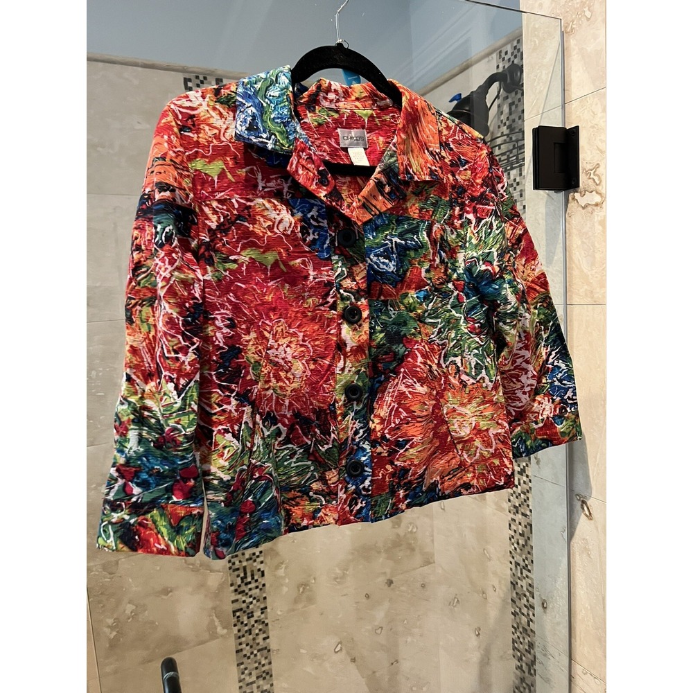 Chicos Bold Print Crop 3/4 Sleeve Silk Blend Watercolor Jacket Size 1 M